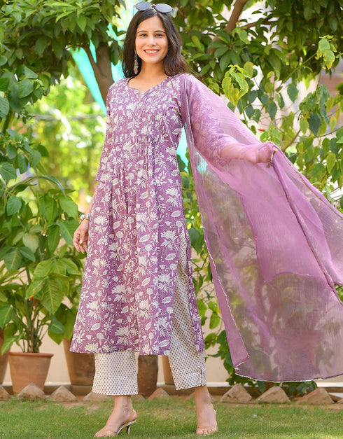 Designer Party Wear Readymade Salwar Suit Purple Cotton Pant Straight Front View